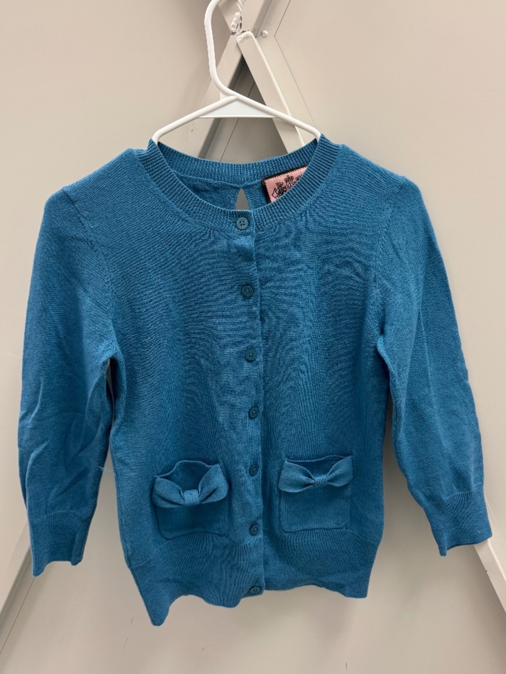 Juicy Couture Bow Back Cut-Out Cardigan Slate Blue Sweater, Size P